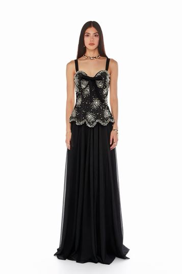 Abito da sera nero e grigio con dettaglio a fiocco 